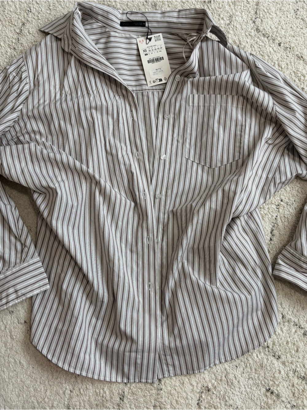 Zara Womens Striped Button-Down Shirt in Brown and White